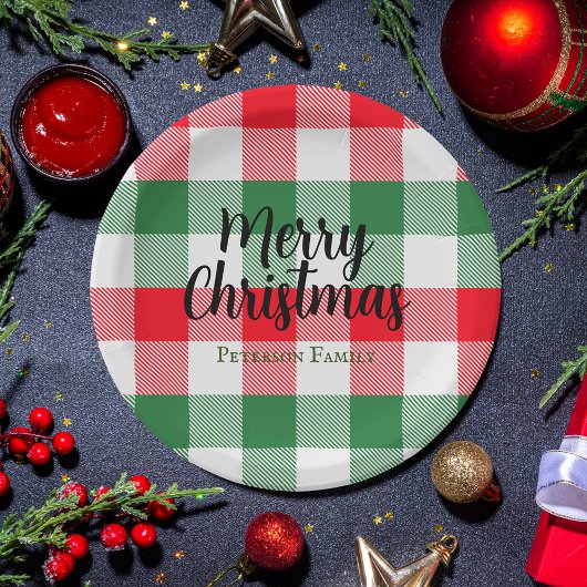 Familie kerstwit groen en rode buffels spelden papieren bordje