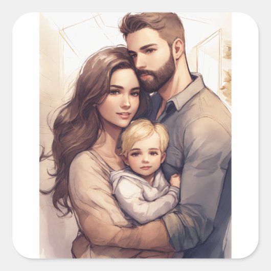 Familie Liefde in Sticker Vorm: Ouders met Zoon (Voorkant)