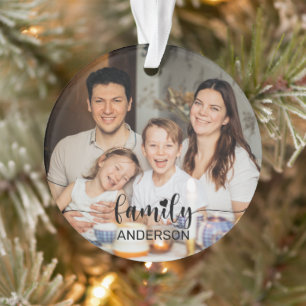 Familie Liefde Zwart Hart Script Custom Photo Ornament