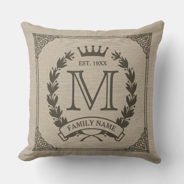 Familie Logo Monogram Burlap Let Pillow Kussen (Voorkant)