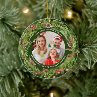 Familie loof krans foto Kerstmis Groen Keramisch Ornament