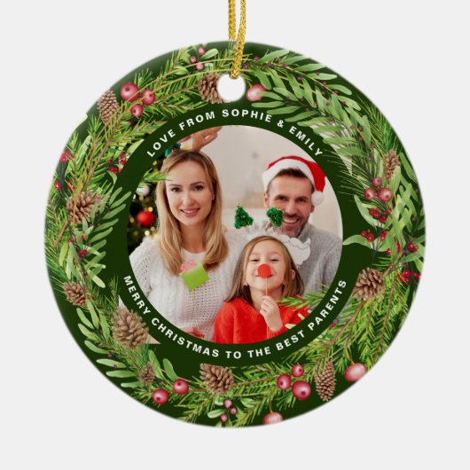 Familie loof krans foto Kerstmis Groen Keramisch Ornament (Voorkant)