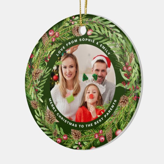 Familie loof krans foto Kerstmis Groen Keramisch Ornament (Links)