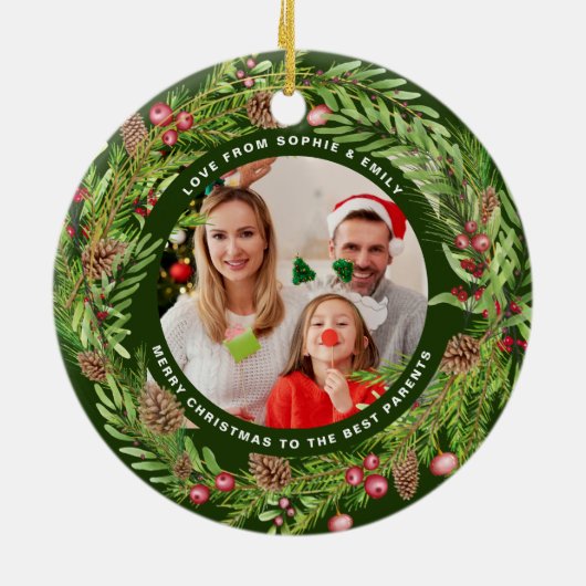 Familie loof krans foto Kerstmis Groen Keramisch Ornament (Achterkant)