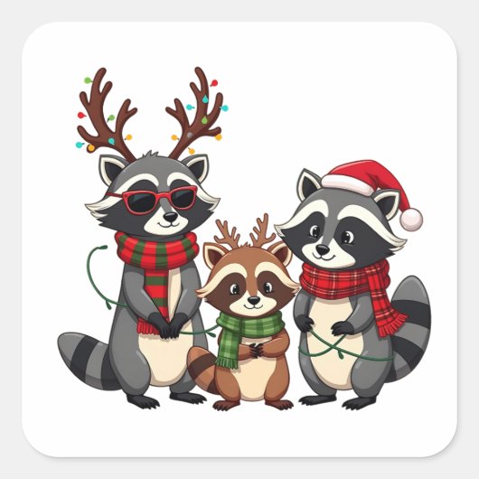 Familie Matching Christmas Raccoons Santa Hat Vierkante Sticker (Voorkant)