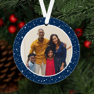 Familie Merry and Bright Modern Navy Stars Foto Ornament