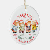 Familie met kerstbeer van 4 naam keramisch ornament (Rechts)