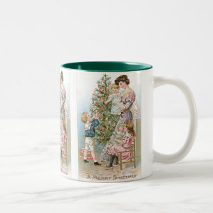 Familie met kerstboom tweekleurige koffiemok