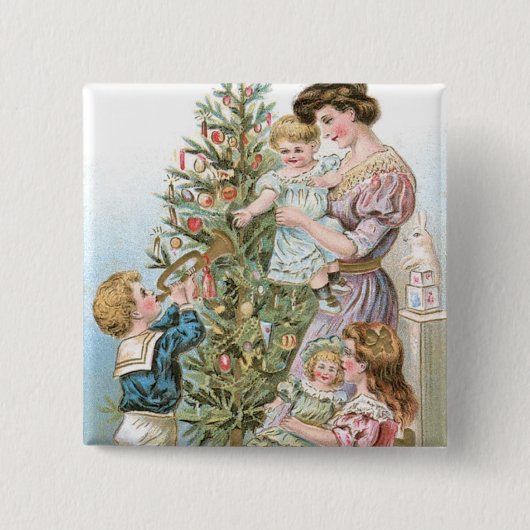 Familie met kerstboom vierkante button 5,1 cm (Voorkant)