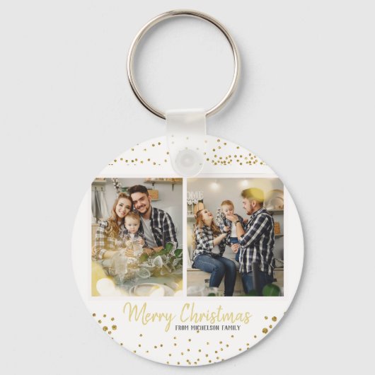 Familie met Kerstmis Gold Confetti Sleutelhanger (Voorkant)
