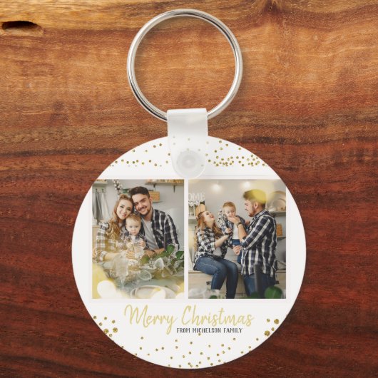 Familie met Kerstmis Gold Confetti Sleutelhanger (Voorkant)