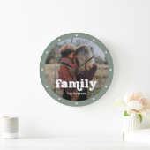 Familie | Modern script met foto Sage Green Grote Klok (Huis)