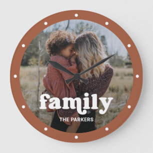 Familie   Modern script met foto Terracotta Grote Klok