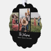 Familie Modern Script Zwart 3 Foto Ornament Kaart (Links)
