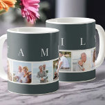 FAMILIE Moderne Typografie en Custom 6 Photo Slate Koffiemok<br><div class="desc">Gepersonaliseerde mok met het woord FAMILIE, geletterd in moderne typografie, boven uw foto's. De fotosjabloon is ingesteld voor u om 6 van uw favoriete afbeeldingen toe te voegen, die worden weergegeven in vierkante indeling in een eenvoudige, stripstijl, fotocollage. Dit slimme en stijlvolle maatwerk heeft een modern kleurenpalet van leigrijs en...</div>