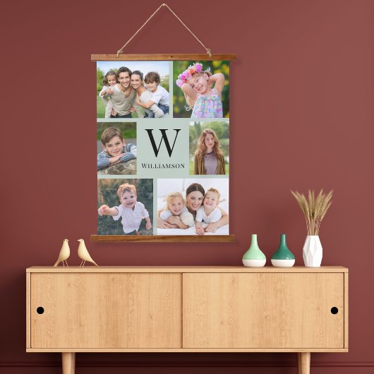 Familie Monogram 6 Fotocollage Sage Groen Hangend Wandkleed