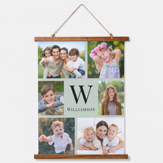 Familie Monogram 6 Fotocollage Sage Groen Hangend Wandkleed (Voorkant)