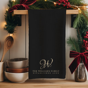 Familie Monogram Elegant Schrift Zwart Keuken Theedoek