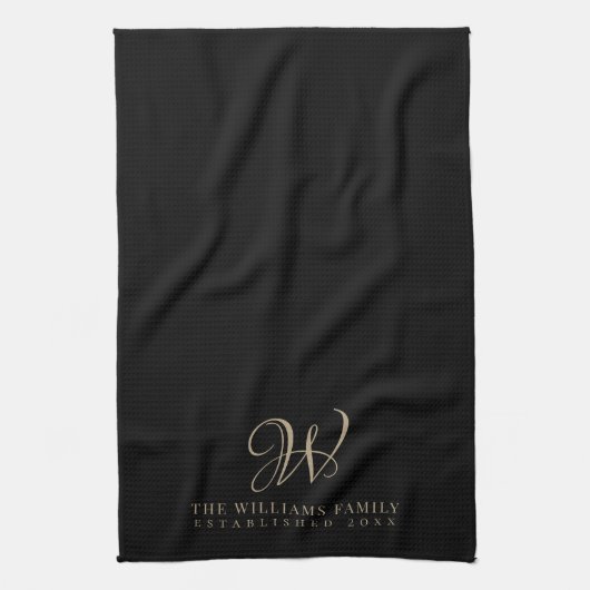 Familie Monogram Elegant Script Zwart Keuken Theedoek (Verticaal)