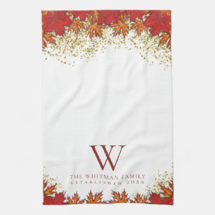 Familie Monogram Elegante Herfstbladeren Keuken Theedoek