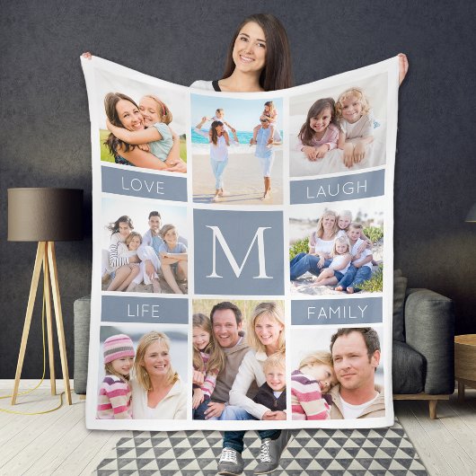 Familie Monogram Fotocollage Dusty Blue Fleece Deken