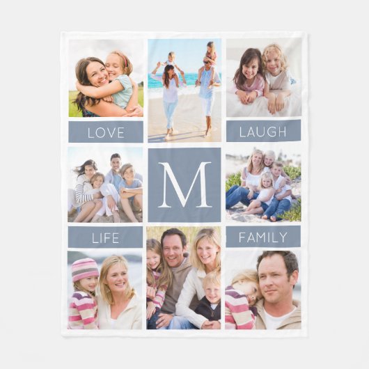 Familie Monogram Fotocollage Dusty Blue Fleece Deken (Voorkant)