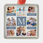 Familie Monogram Fotocollage Dusty Blue Metalen Ornament (Voorkant)