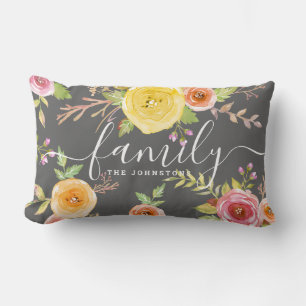 Familie monogram geel florale waterverf script kussen