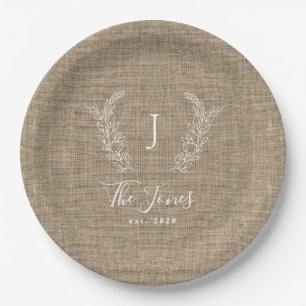 Familie monogram naam gepersonaliseerd jute rustie papieren bordje