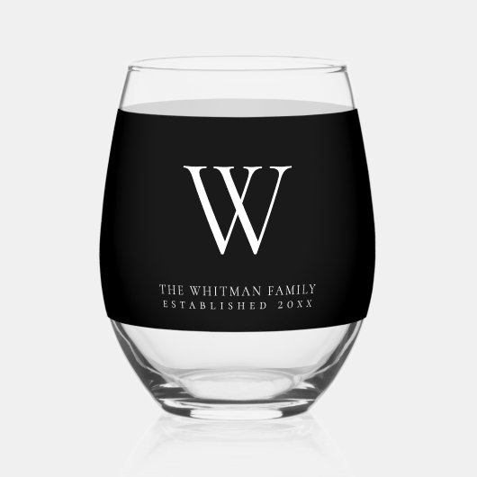 Familie Monogram Naam Modern Zwart Wijnglas Zonder Voet (Voorkant)