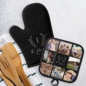 Familie monogram naam multi foto collage zwart ovenwant & pannenlap set