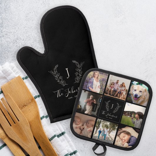 Familie monogram naam multi foto collage zwart ovenwant & pannenlap set