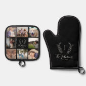 Familie monogram naam multi foto collage zwart ovenwant & pannenlap set (Voorkant)