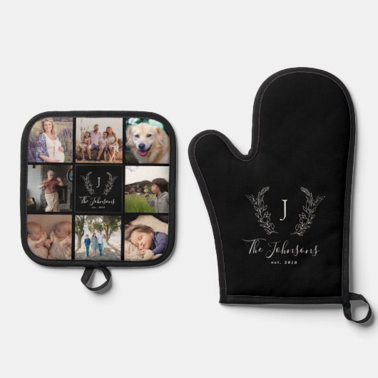 Familie monogram naam multi foto collage zwart ovenwant & pannenlap set (Voorkant)