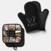 Familie monogram naam multi foto collage zwart ovenwant & pannenlap set (Voorkant / Achterkant)