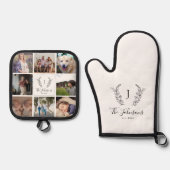 Familie monogram naam multi fotocollage wit ovenwant & pannenlap set (Voorkant)