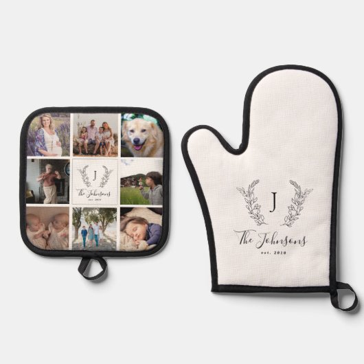 Familie monogram naam multi fotocollage wit ovenwant & pannenlap set (Voorkant)