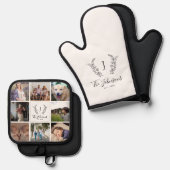 Familie monogram naam multi fotocollage wit ovenwant & pannenlap set (Voorkant / Achterkant)