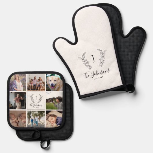 Familie monogram naam multi fotocollage wit ovenwant & pannenlap set (Voorkant / Achterkant)