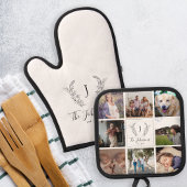 Familie monogram naam multi fotocollage wit ovenwant & pannenlap set