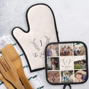 Familie monogram naam multi fotocollage wit ovenwant & pannenlap set