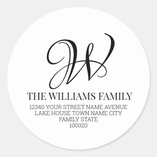 Familie Monogram Script Zwart Wit Retouradres Ronde Sticker (Voorkant)