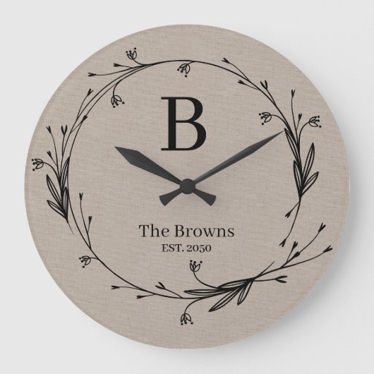 Familie Monogrammed Rustic Wildflower Elegant Grote Klok (Voorkant)