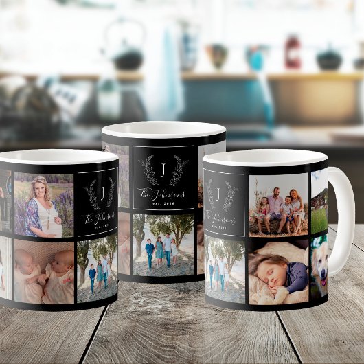 Familie multi foto zwart en wit monogram koffiemok