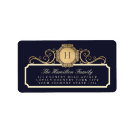 Familie  Navy Gold Monogram Adres Etiket