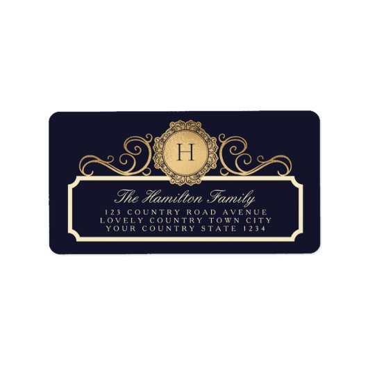 Familie  Navy Gold Monogram Adres Etiket (Voorkant)