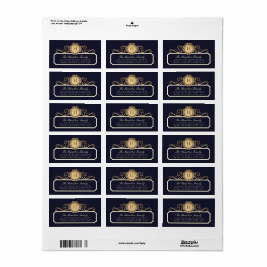 Familie  Navy Gold Monogram Adres Etiket (Full Sheet)