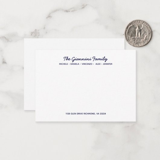 FAMILIE NOTECARDS Cursieve namen Adres NAVY BLUE Notitiekaartje (Voorkant / Achterkant in situ)