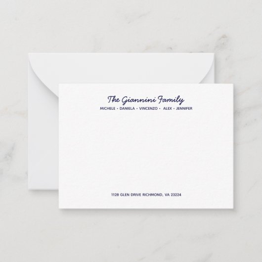 FAMILIE NOTECARDS Cursieve namen Adres NAVY BLUE Notitiekaartje (Voorkant)