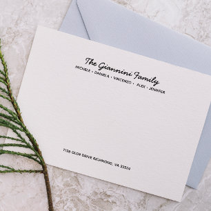 FAMILIE NOTECARDS Cursieve namen Adres ZWART Notitiekaartje